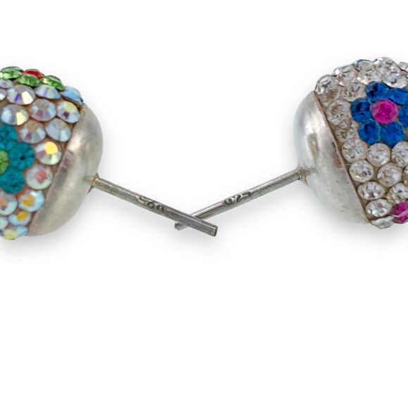 Vintage Sterling Silver Multicolor Pave Crystal Flower Motif Ball Stud Earrings - Picture 3 of 4